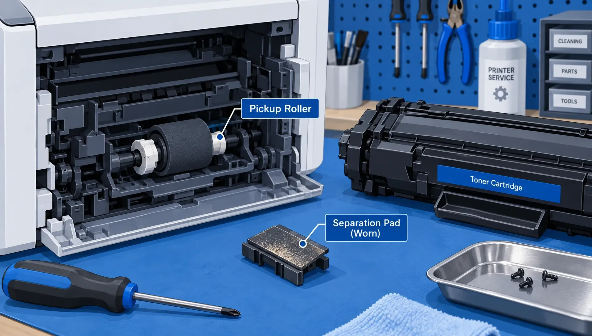 A laser printer's exposed pickup roller and worn separation pad are inspected on a service bench, with its toner cartridge nearby.