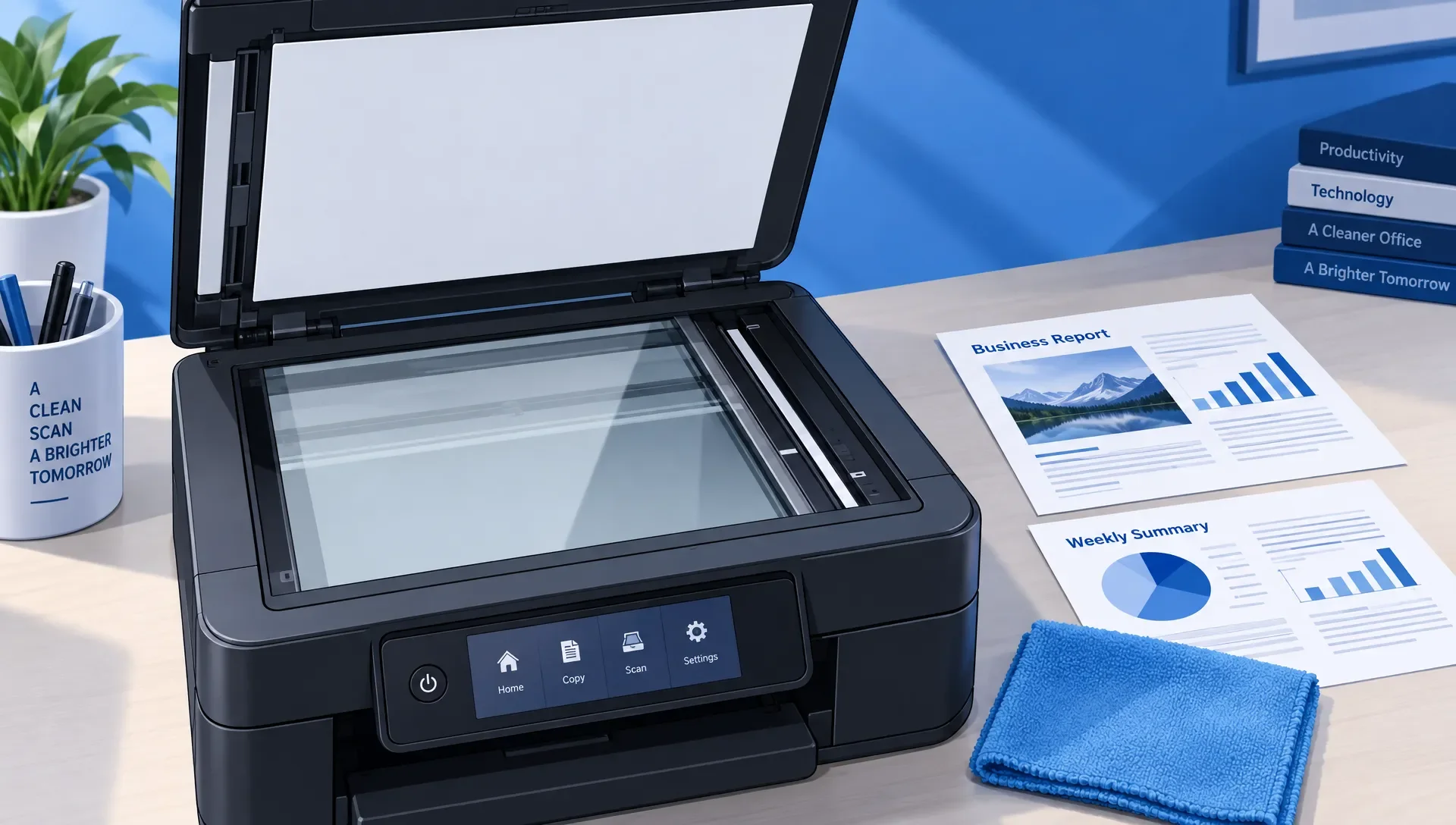 The open flatbed lid reveals both the broad scanning glass and narrow ADF strip beside clean sample copies and a microfiber cloth.