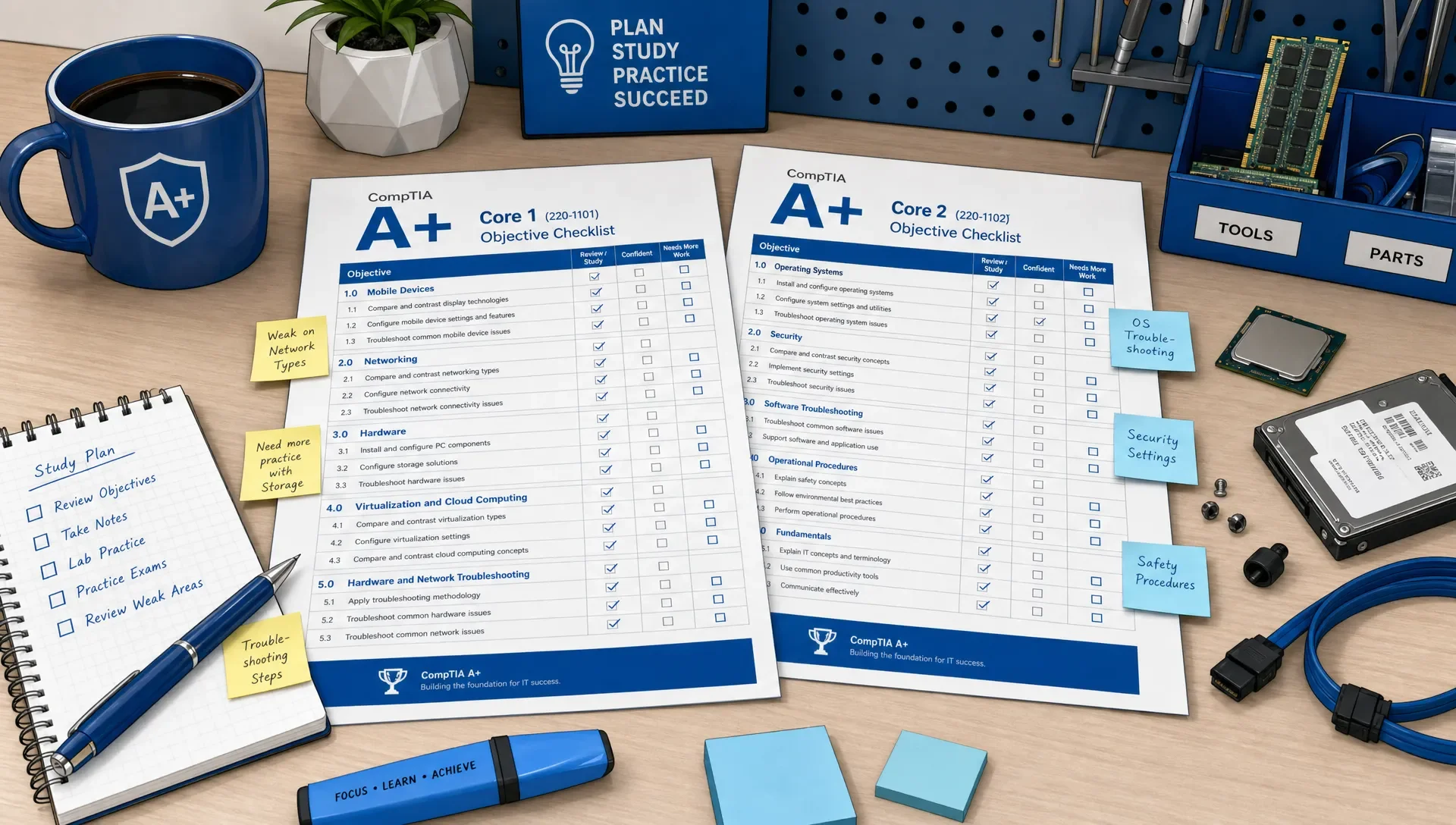 Printed CompTIA A+ Core 1 and Core 2 objective checklists sit on a study desk with sticky notes marking weak topics and small hardware parts beside them.