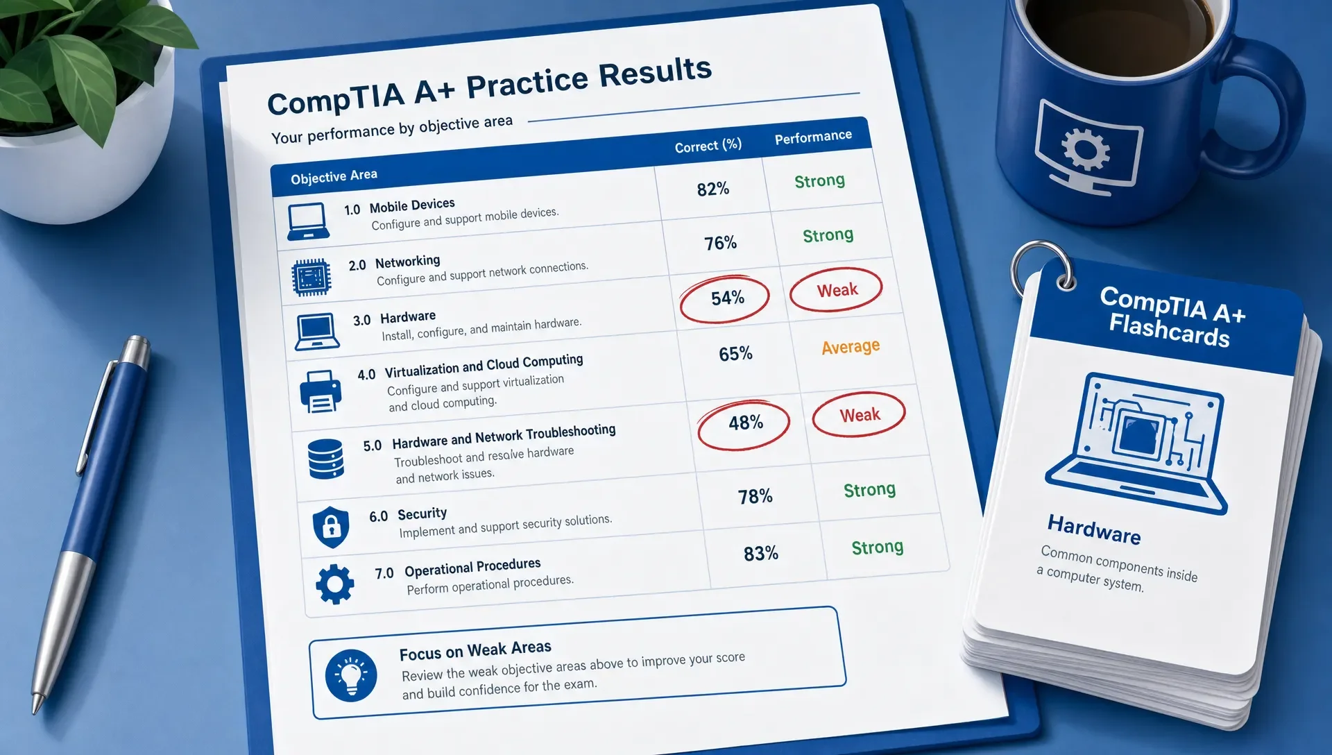 Practice question results are grouped by CompTIA A+ objective area, with weak topics circled and a small stack of flashcards beside the page.
