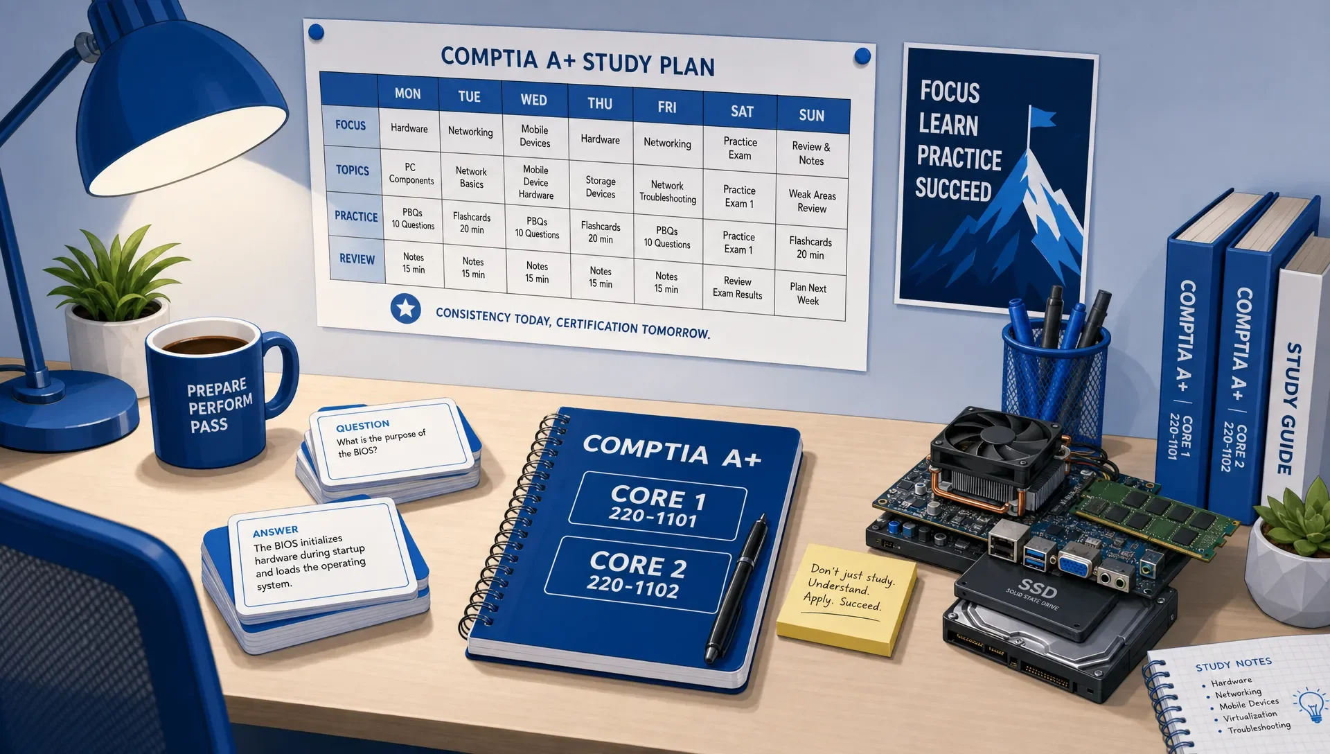 A study table set up for CompTIA A+ prep, with a printed weekly calendar, flashcards, a notebook labeled Core 1 and Core 2, and a small stack of computer hardware components.
