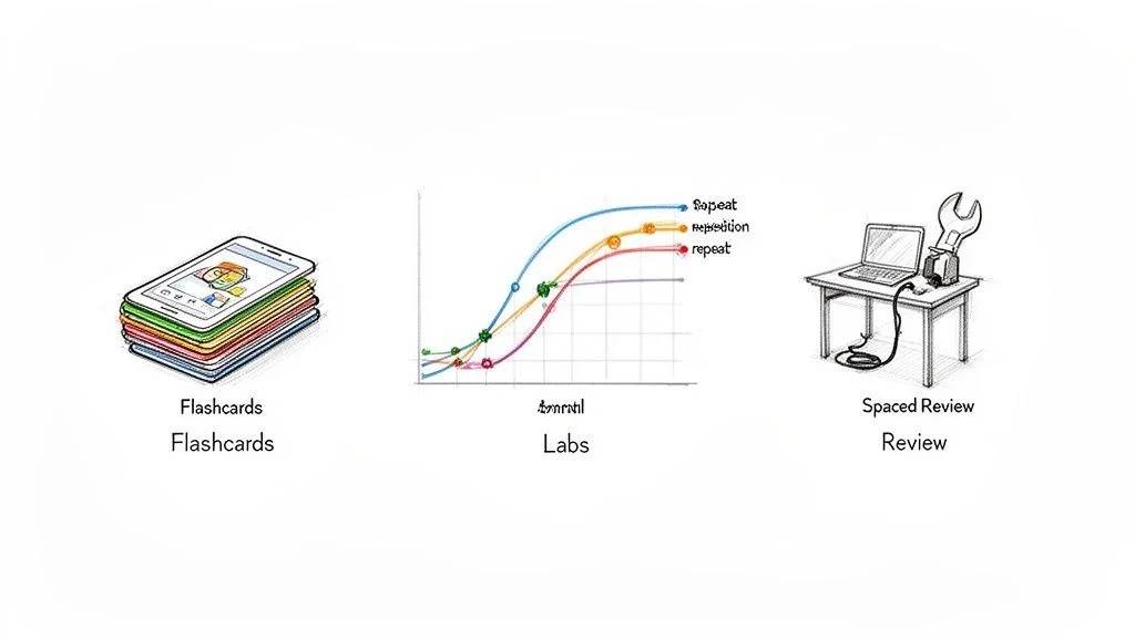 Illustrations of digital flashcards, a graph showing learning curves, and a laptop for spaced review.