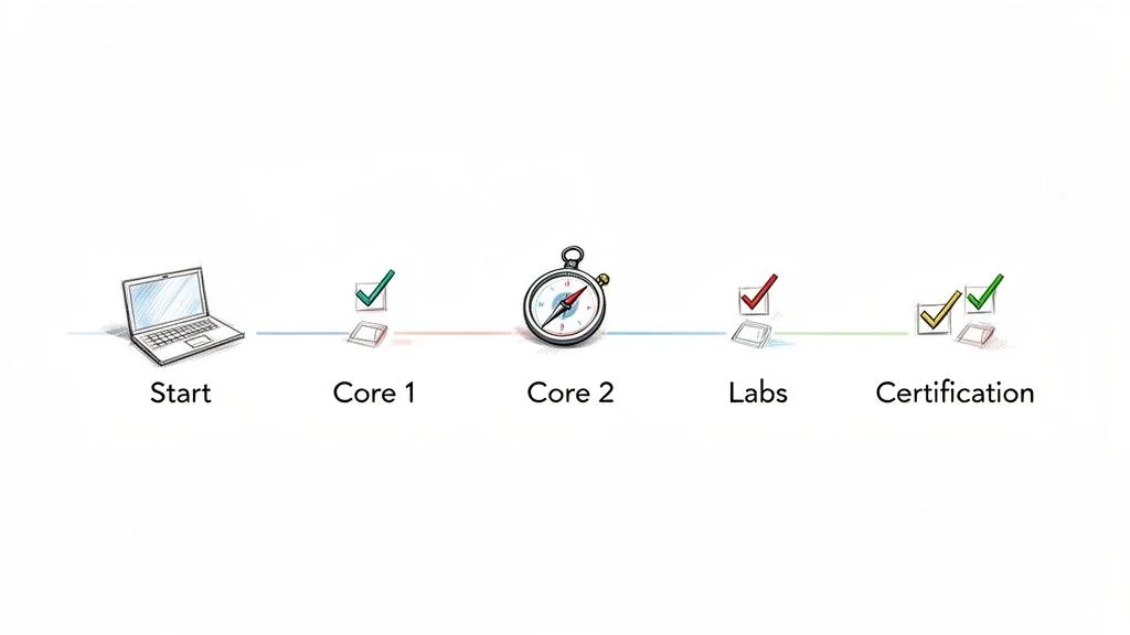 Visual timeline showing steps from starting a laptop to CompTIA A+ certification, including core exams and labs.
