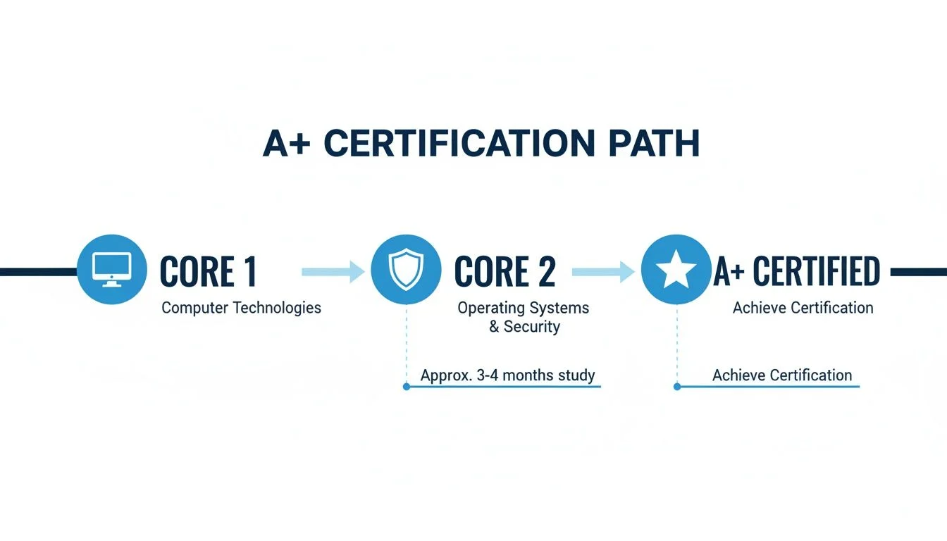 A graphic illustrating the CompTIA A+ certification path, detailing Core 1, Core 2, and achievement.