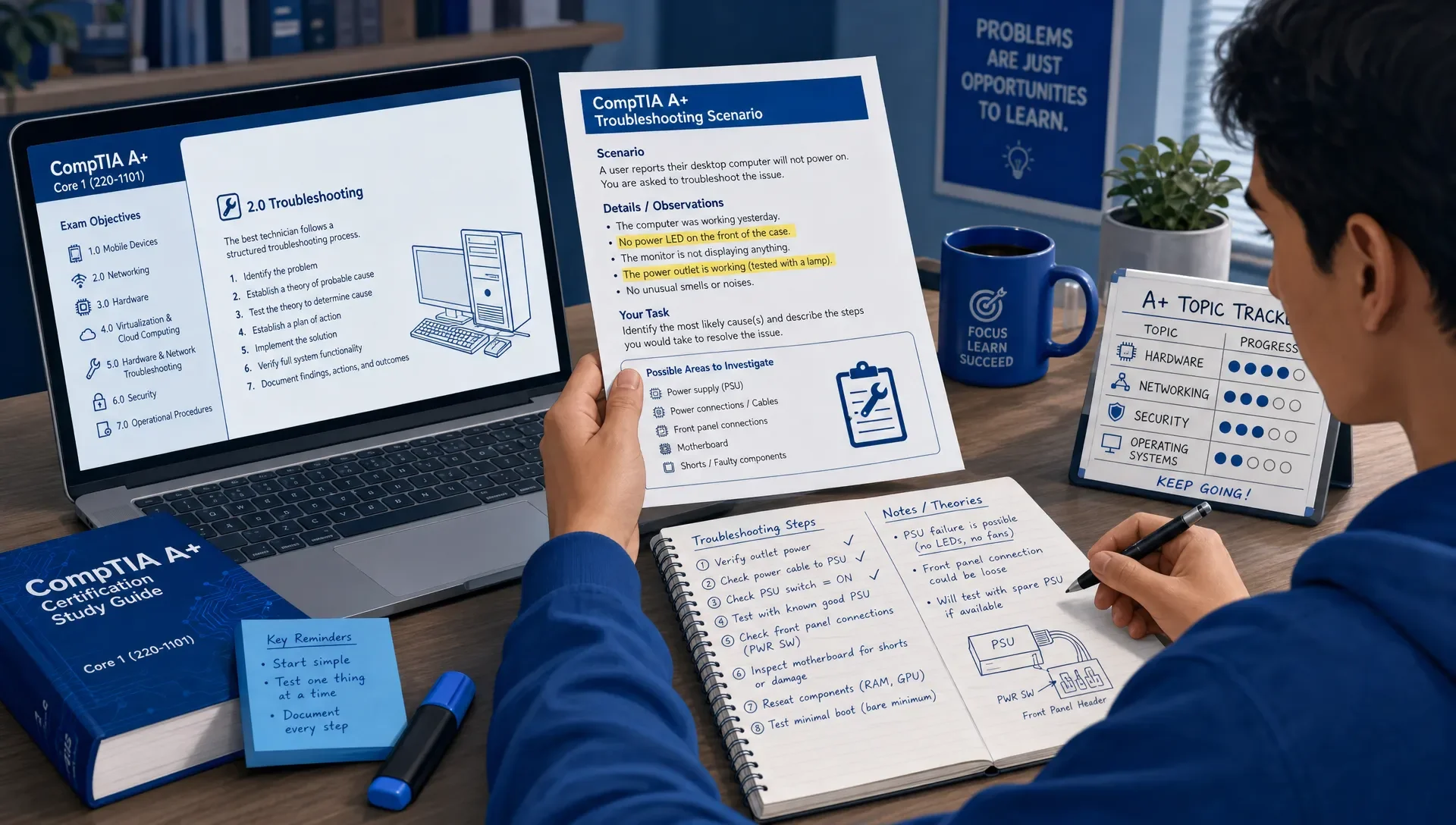 Student reviews a printed CompTIA A+ troubleshooting scenario, taking notes and tracking topics.