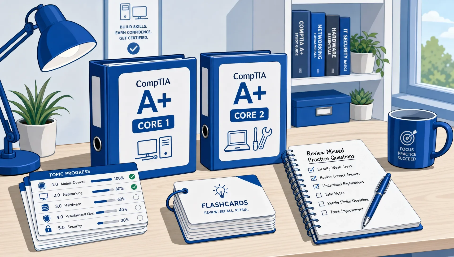 CompTIA A+ Core 1 and Core 2 study folders with flashcards and a review checklist.