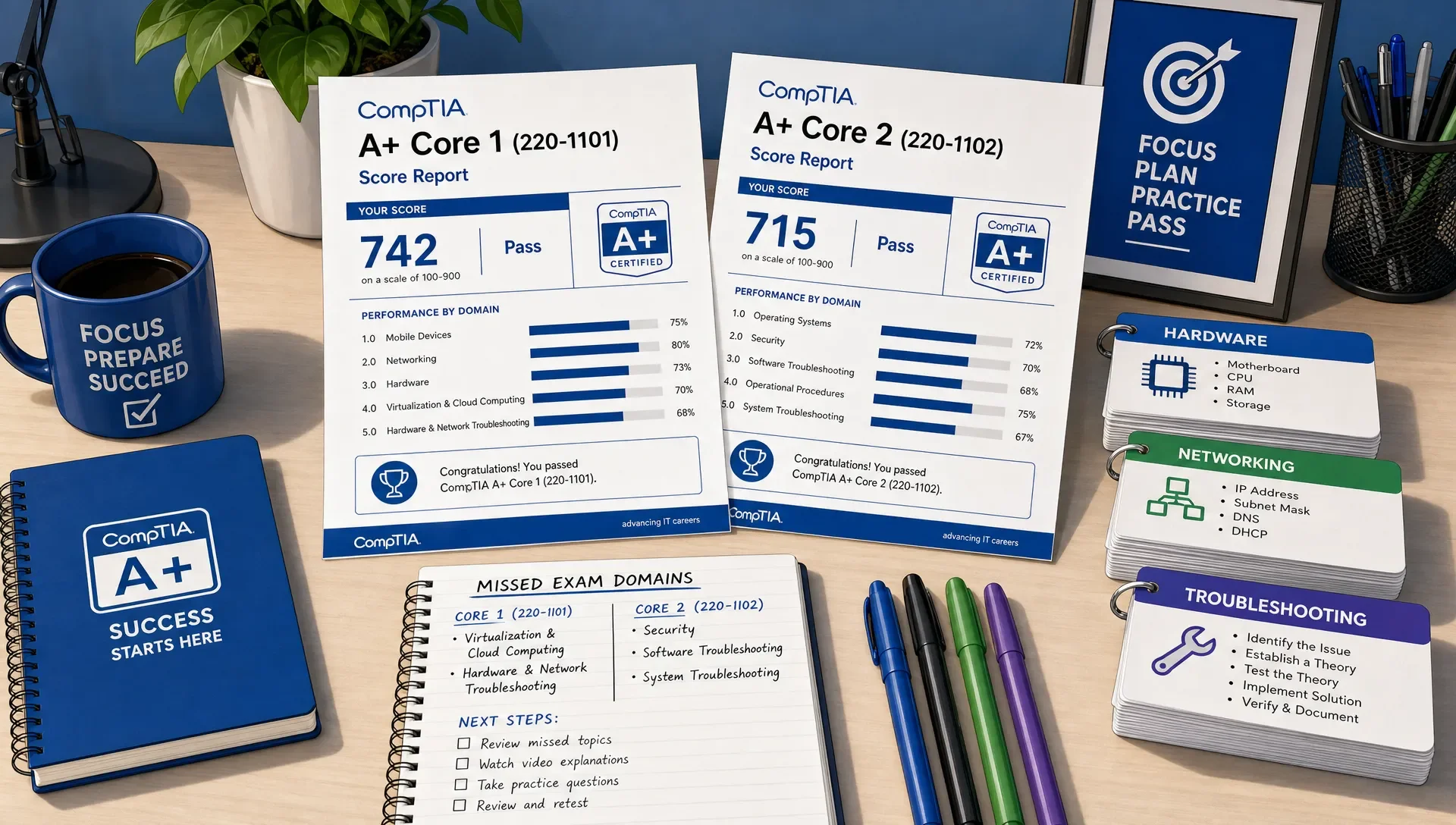 Study desk with CompTIA A+ Core 1 and Core 2 score reports, a notebook for missed domains, pens, and flashcards.