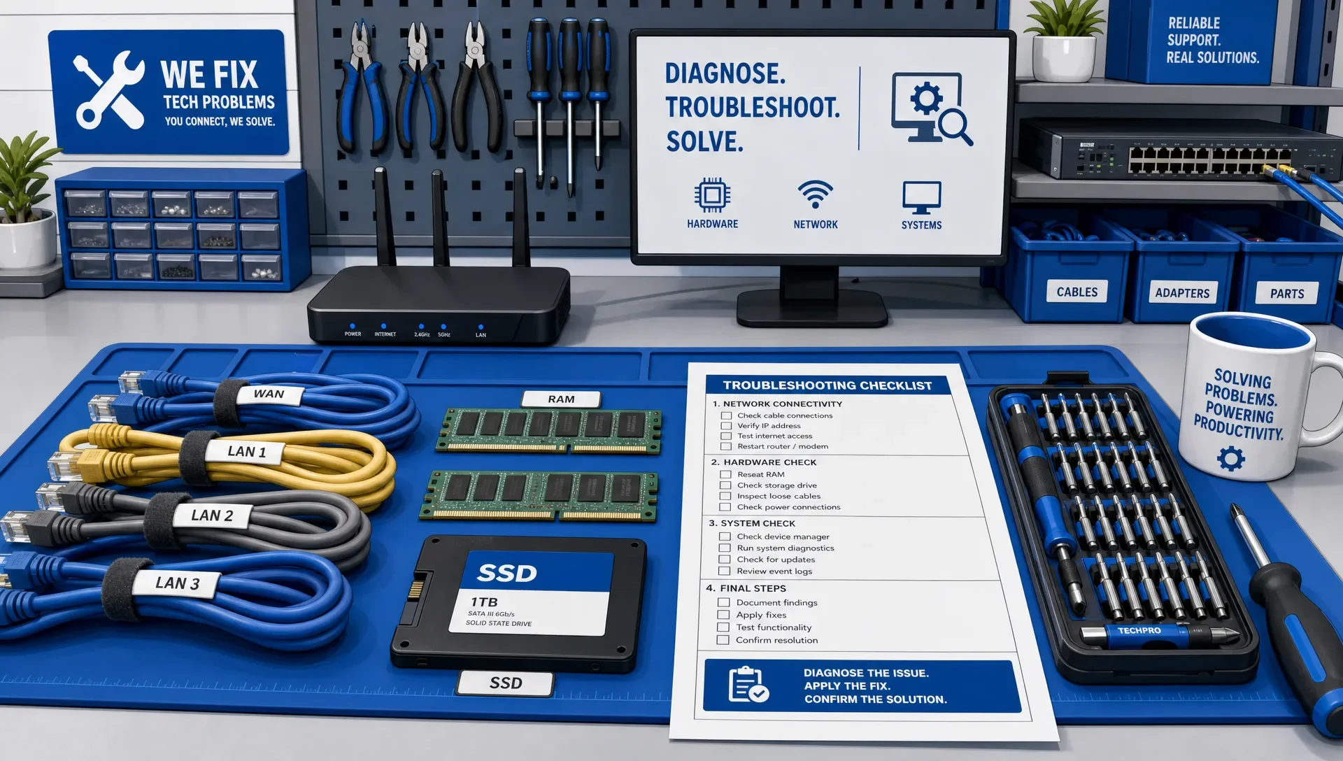 IT troubleshooting bench with cables, RAM, SSD, router, and tools