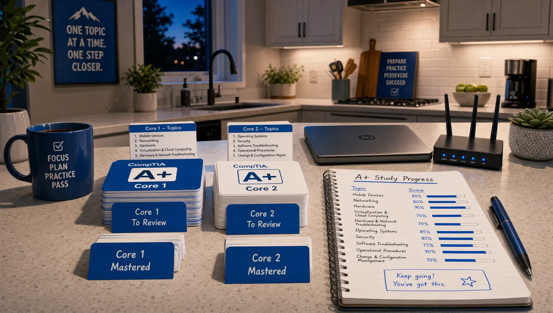 Study scene with CompTIA A+ flashcards, notebook, and laptop