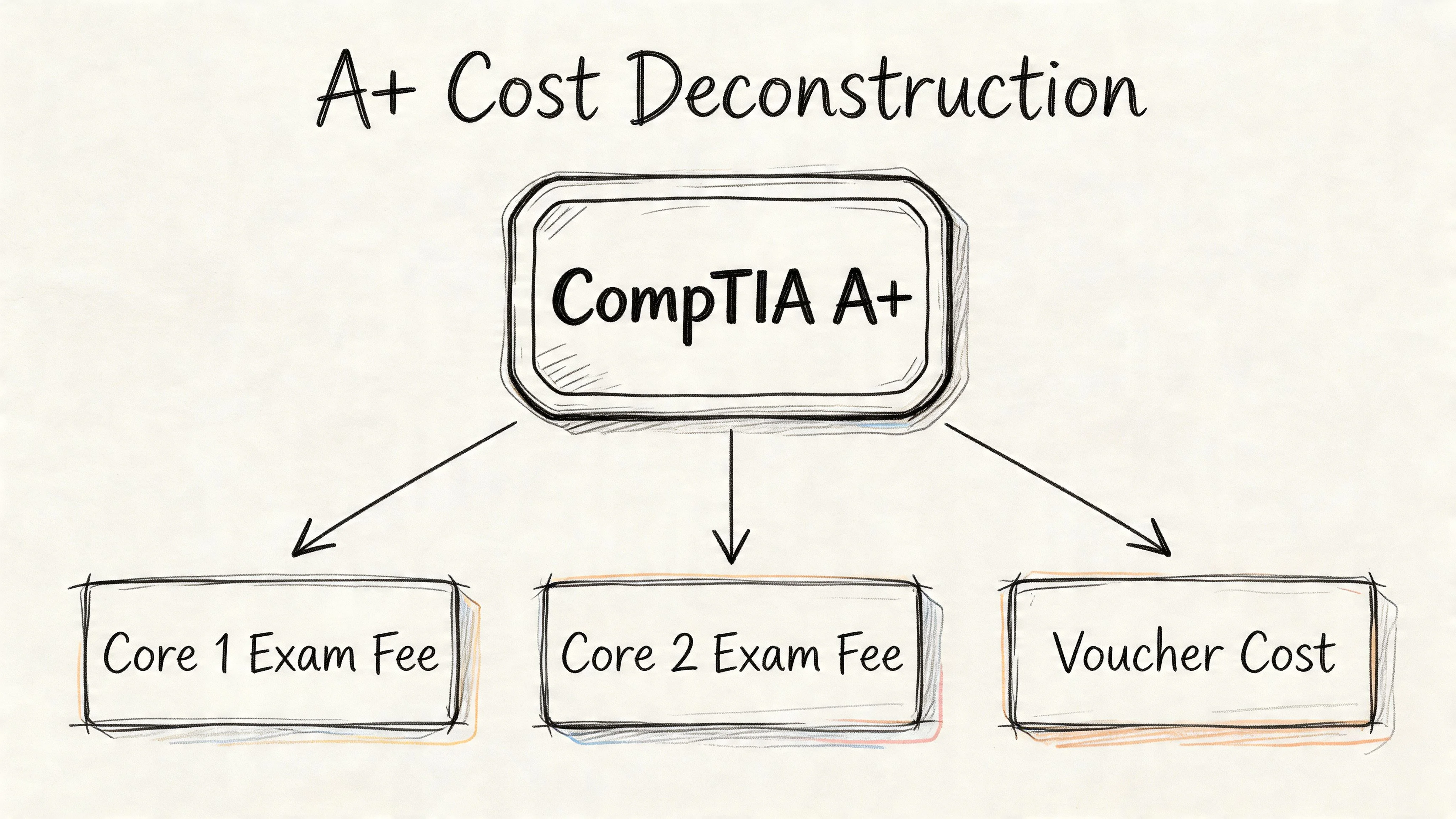 A hand-drawn diagram illustrating the cost breakdown for CompTIA A+ certification exams.