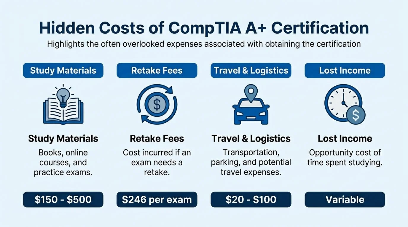 An infographic detailing the hidden financial costs associated with obtaining the CompTIA A+ certification for IT professionals.