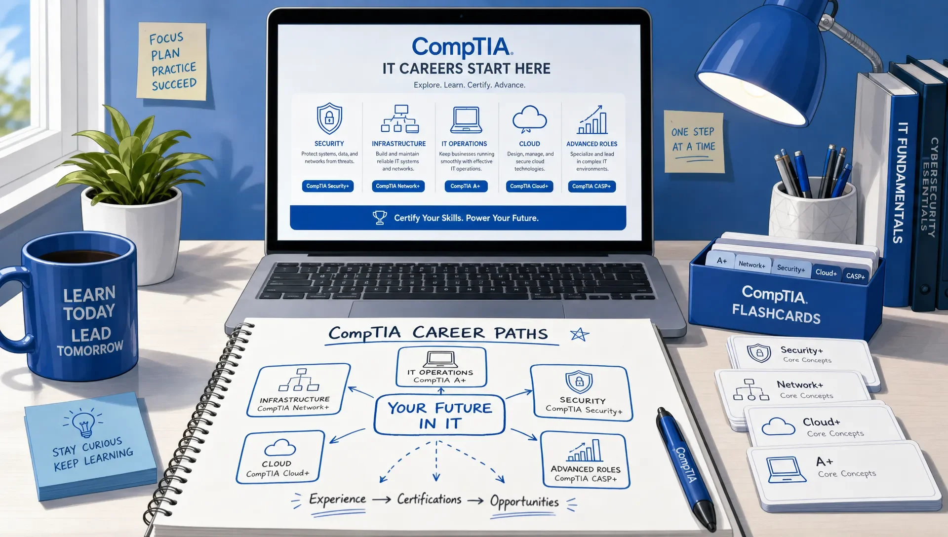Desk with CompTIA study materials: notebook, flashcards, laptop.