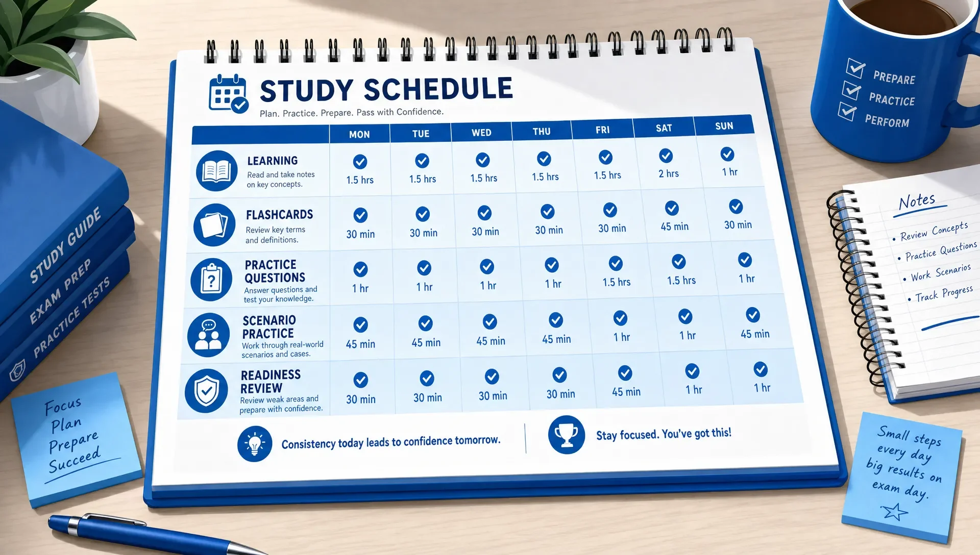 Study schedule showing blocks for learning, practice, and review.