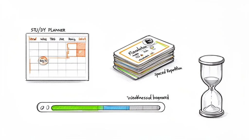 A sketch illustrating study tools: a planner, flashcards with spaced repetition, a progress bar, and an hourglass.