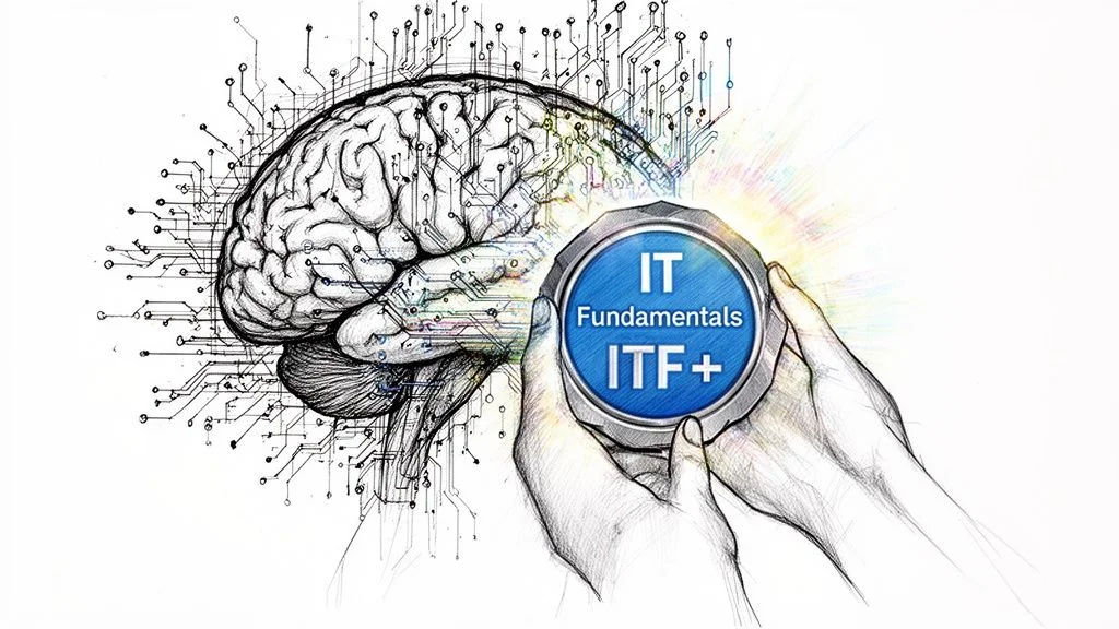 A conceptual illustration showing a human brain connected to a technological IT Fundamentals ITF plus blue button.