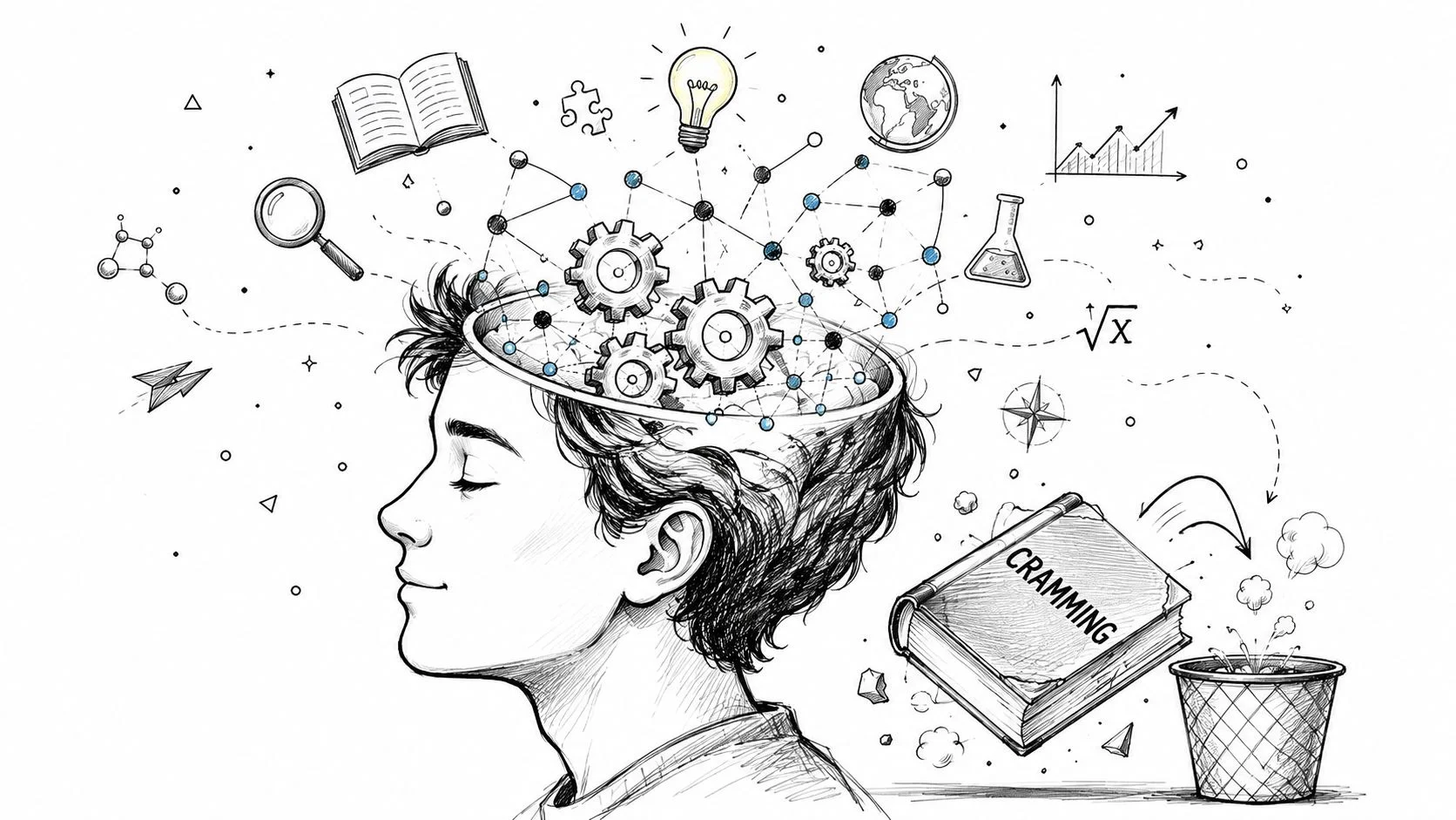 Illustration of a student actively learning, not cramming.