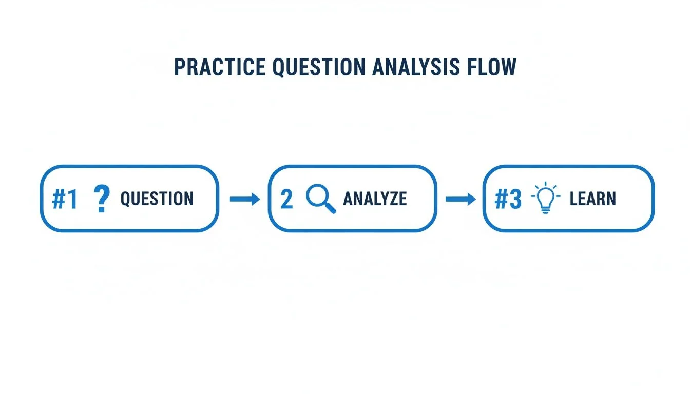 Flowchart illustrating the 3-step practice question analysis process: Question, Analyze, and Learn.