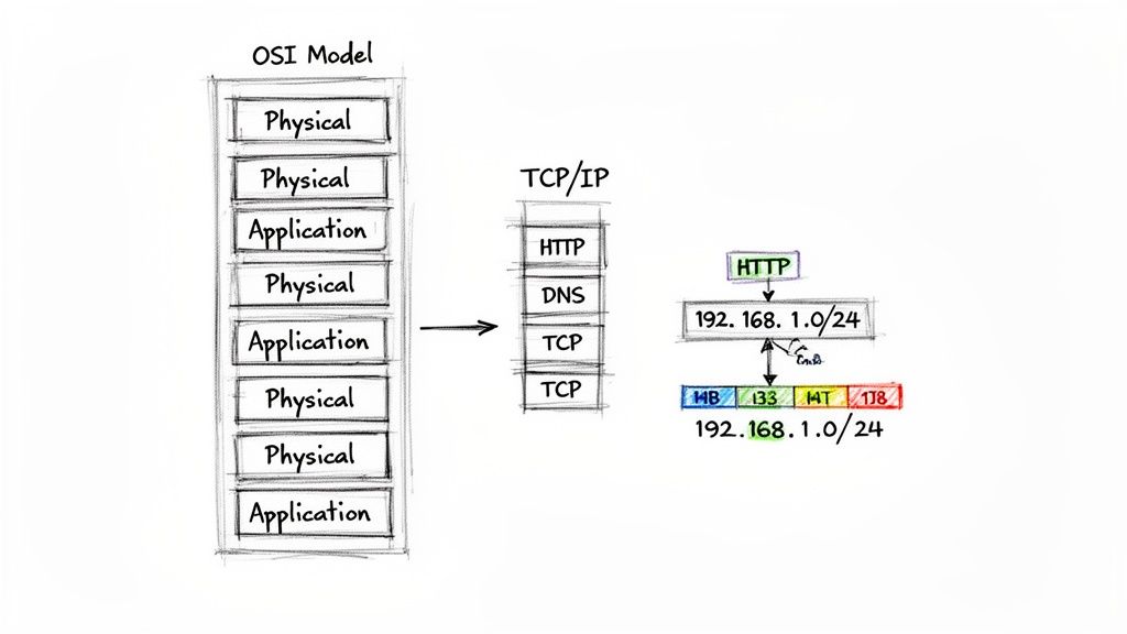 A diagram comparing the OSI and TCP/IP network models with examples of network layers and IP addressing.