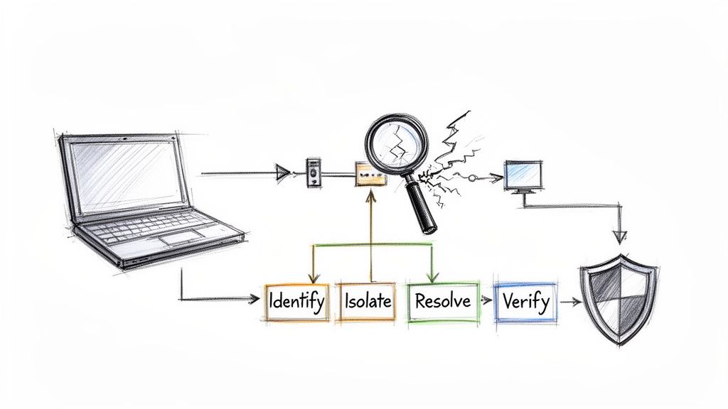 A diagram showing a network troubleshooting process with steps: Identify, Isolate, Resolve, Verify, leading to a secure shield.
