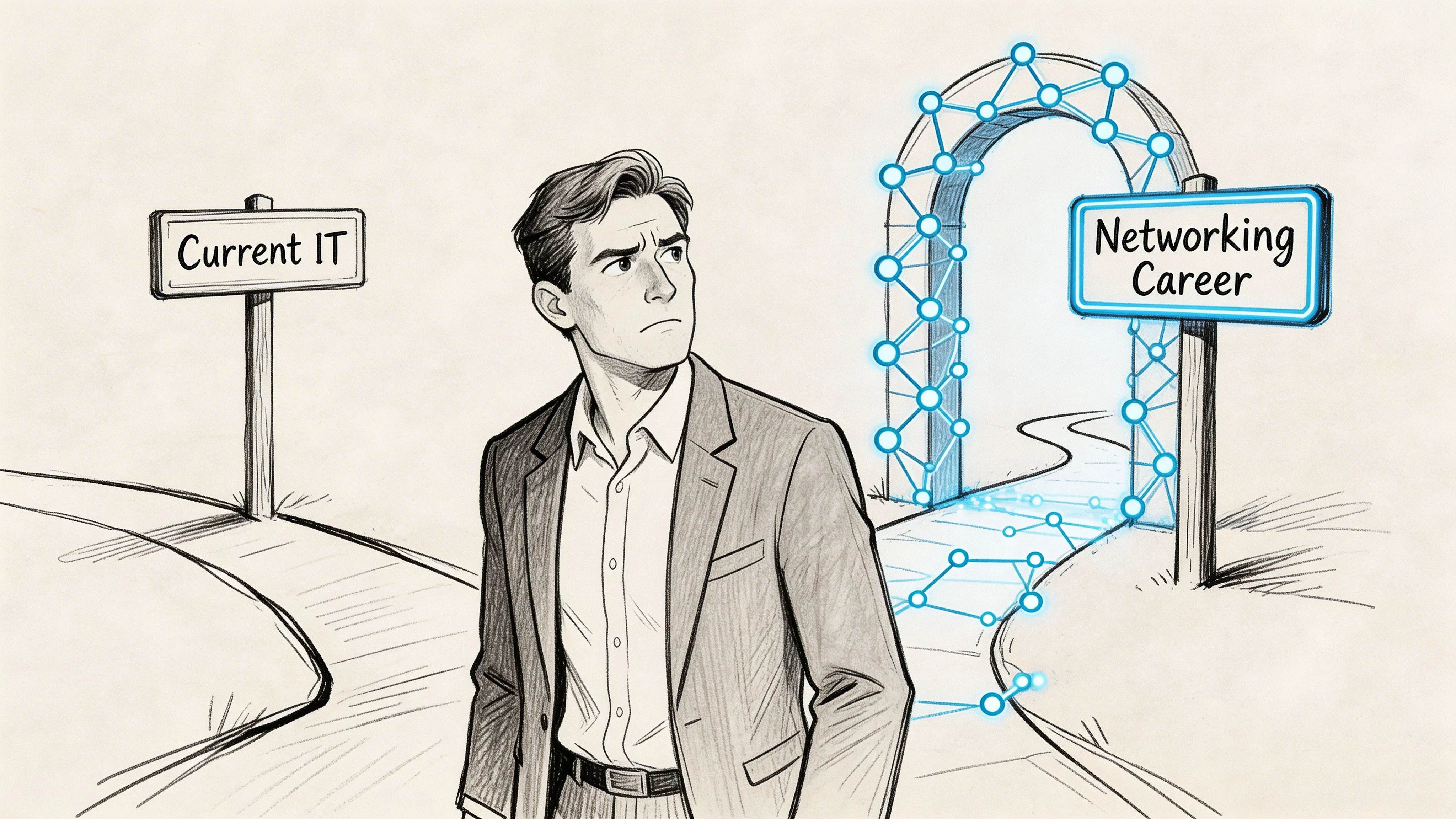 A professional man standing at a fork in the road contemplating his IT career transition.
