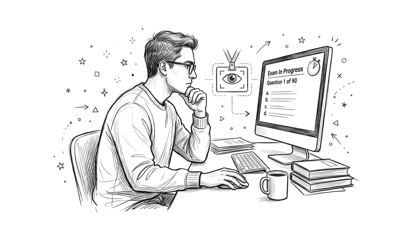 A student taking a proctored online exam on a computer while sitting at a desk with books.