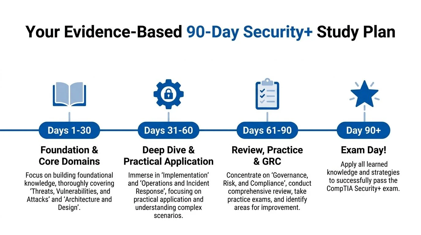 A structured 90-day CompTIA Security+ study plan infographic showing daily milestones from foundations to exam day.