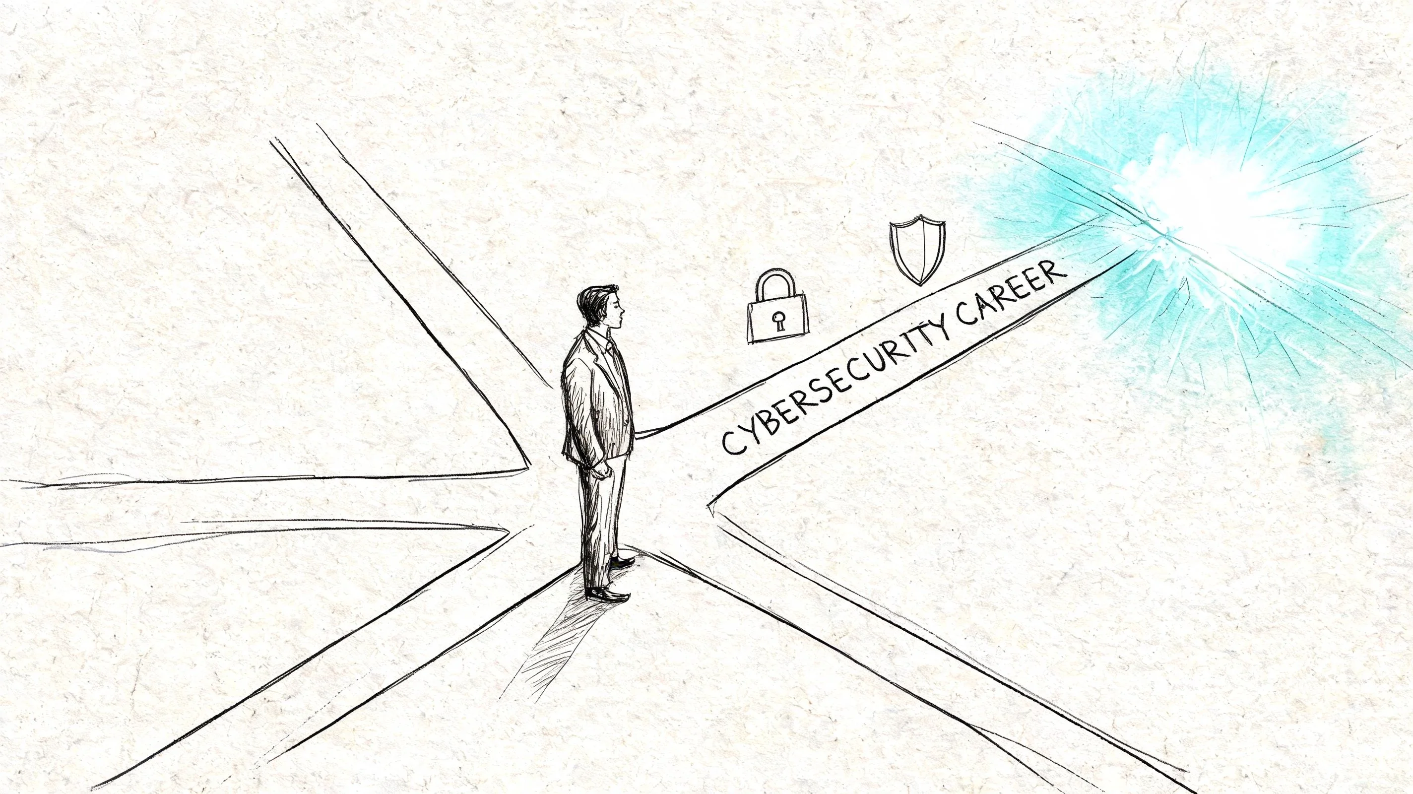 Man at crossroads, choosing a cybersecurity career path.