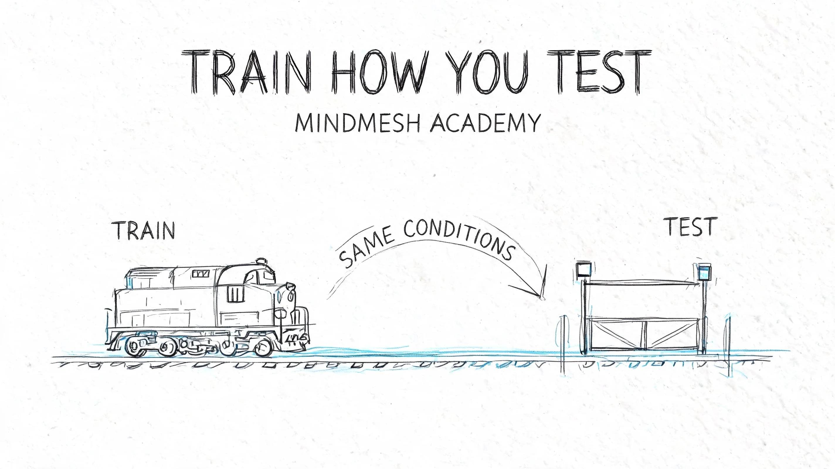 Sketch of a train approaching a crossing, symbolizing training how you test.