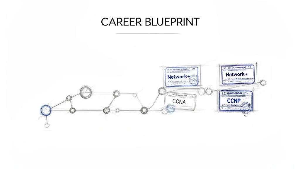A career blueprint diagram depicting a progressive path with Network+, CCNA, and CCNP certification stamps.
