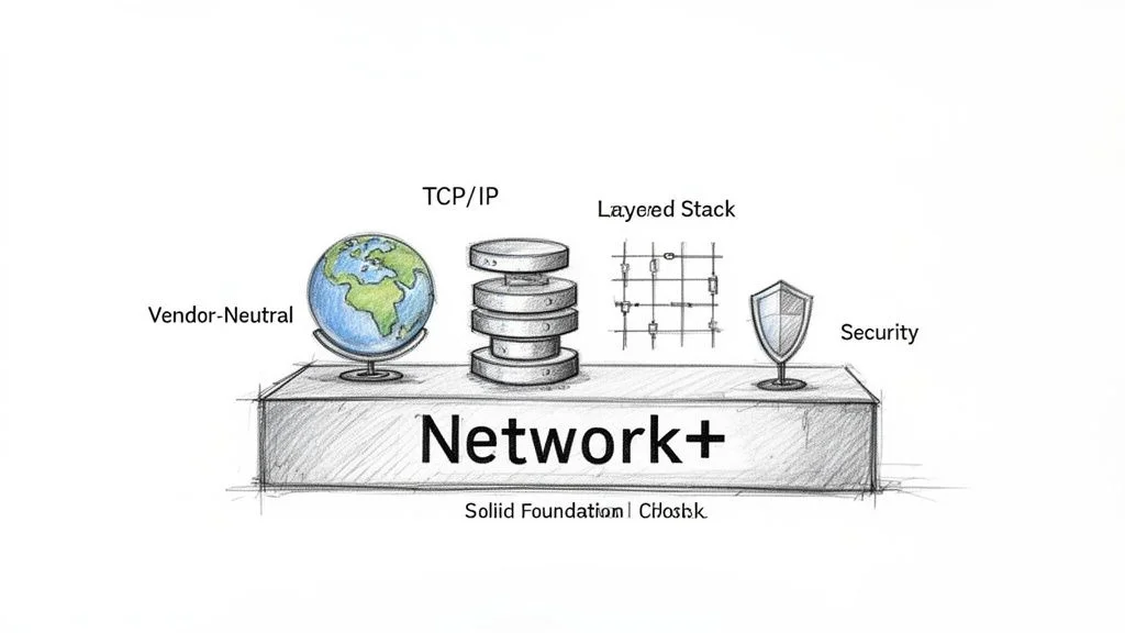 A sketch illustrating the Network+ certification, covering vendor-neutrality, TCP/IP, layered stack, and security concepts.