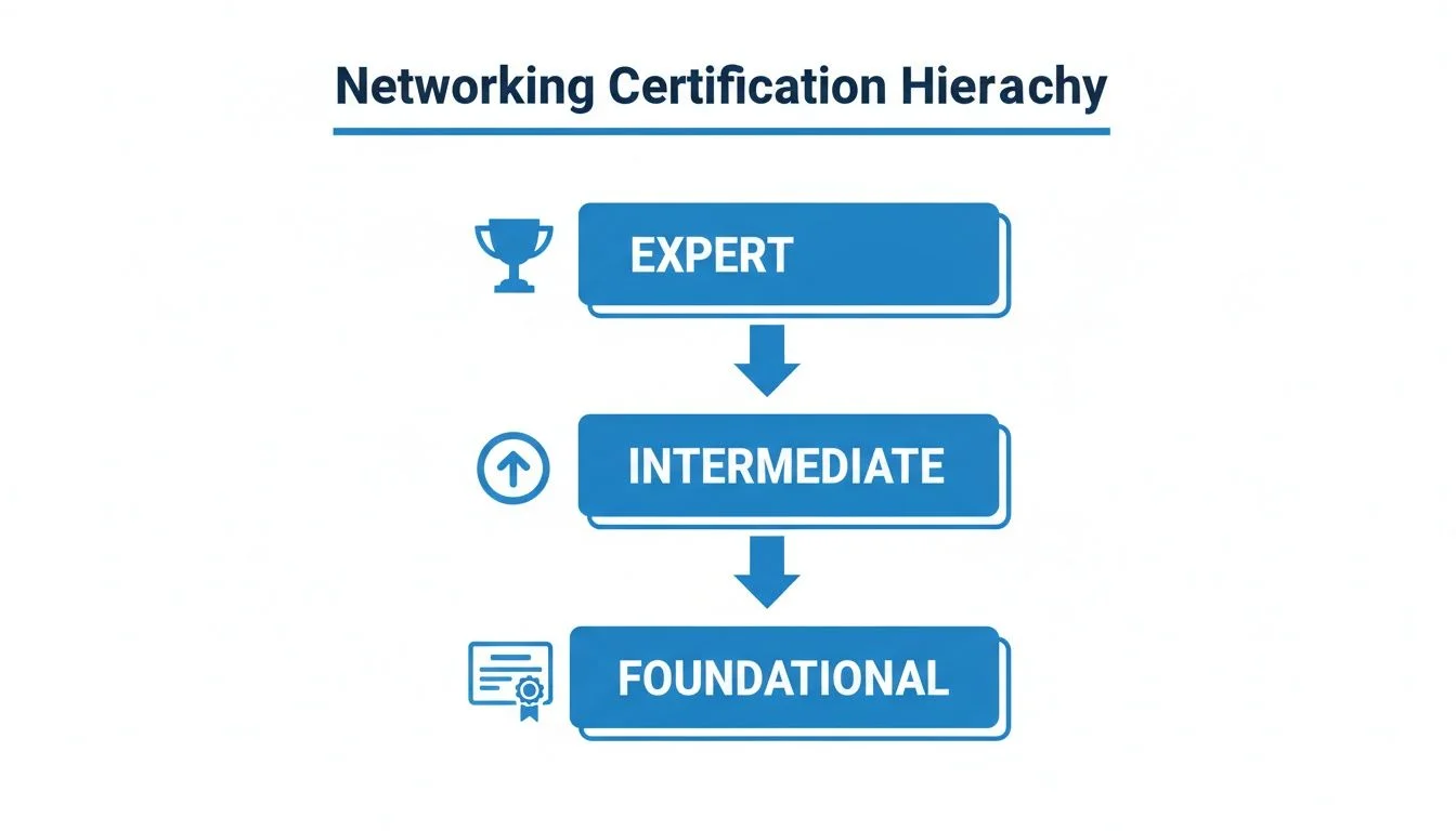 A hierarchical diagram showing networking certifications: Expert, Intermediate, and Foundational levels.