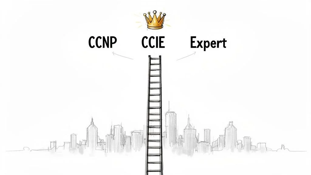 A ladder representing the path to expert status, featuring CCNP and CCIE certifications.