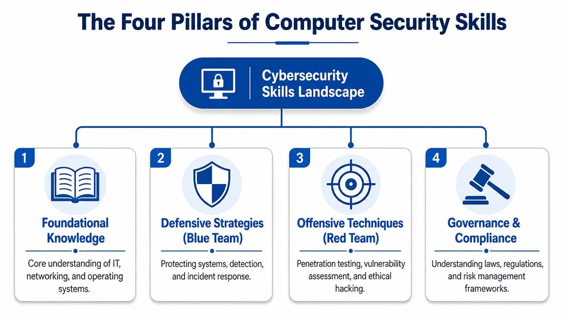 Diagram titled The Four Pillars of Computer Security Skills.