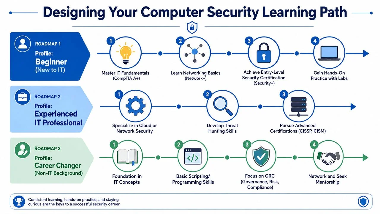 Visual guide outlining three computer security learning paths.