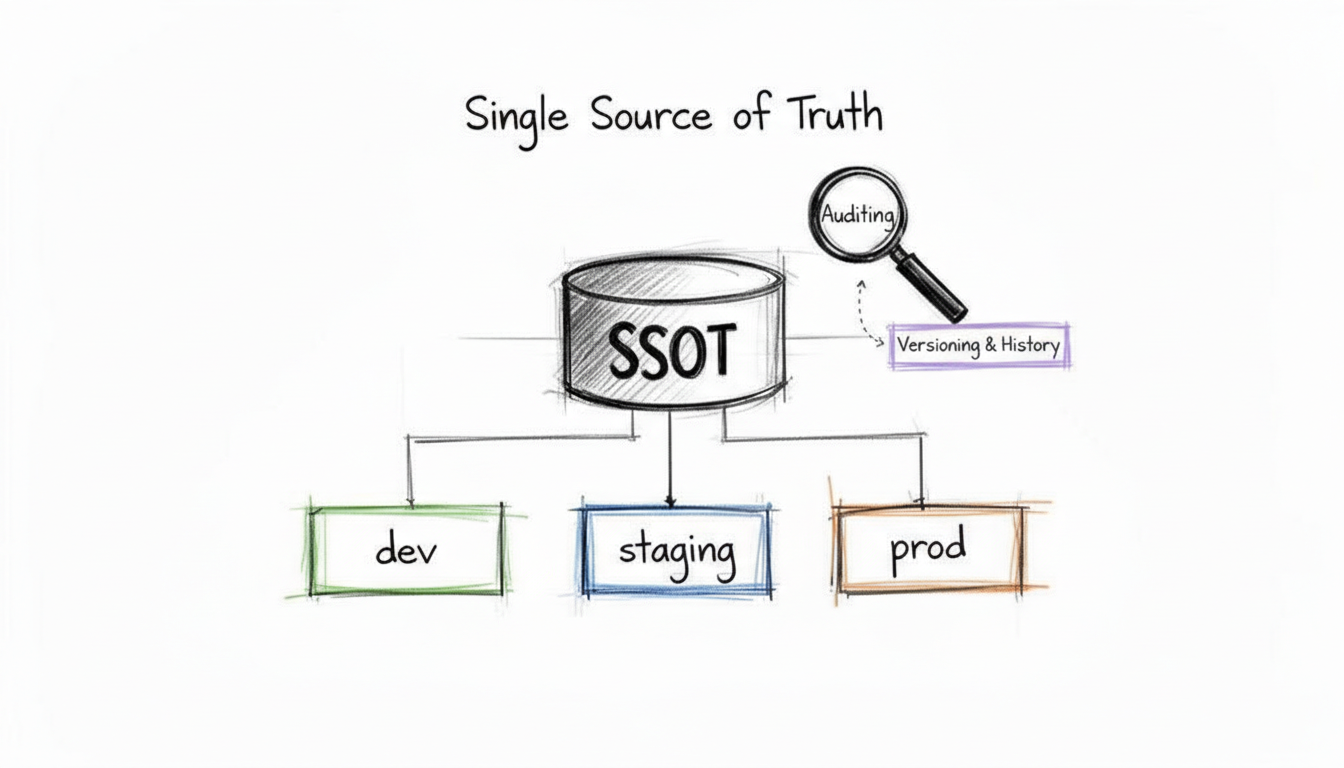 A diagram shows a Single Source of Truth (SSOT) flowing into development, staging, and production environments.