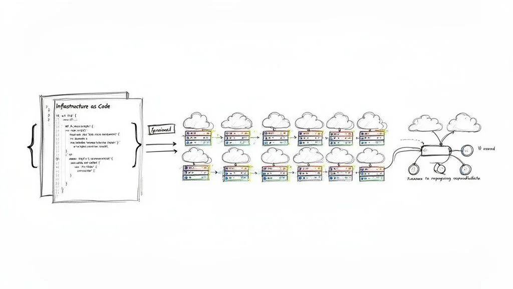 An IaC document flows through CI/CD, undergoing automated validation on multiple servers via a robotic arm.