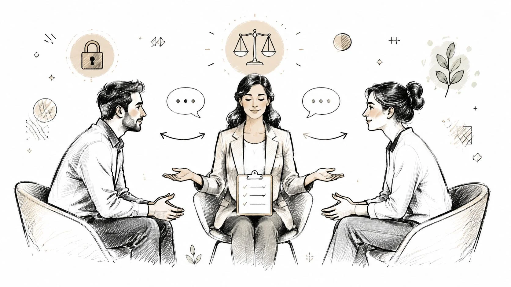 A mediator facilitates a session between two people.