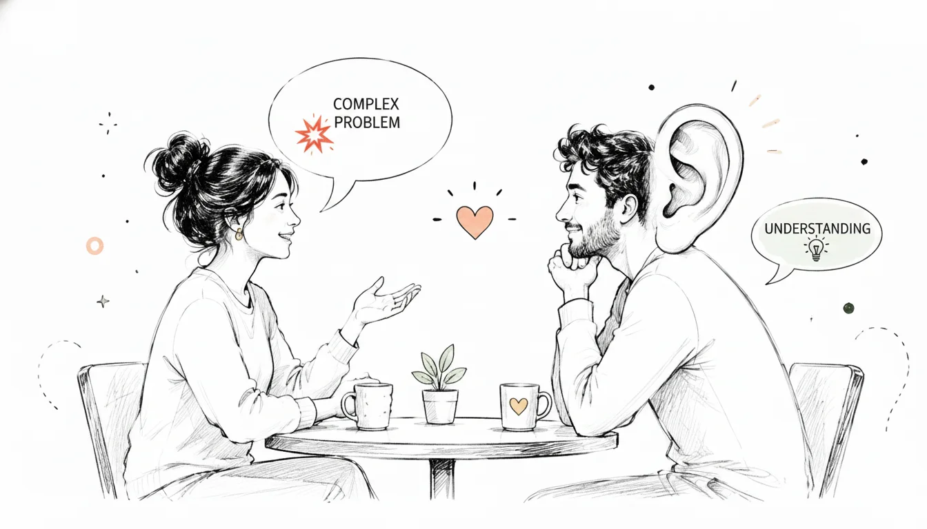 A woman speaks to a man listening attentively at a cafe.