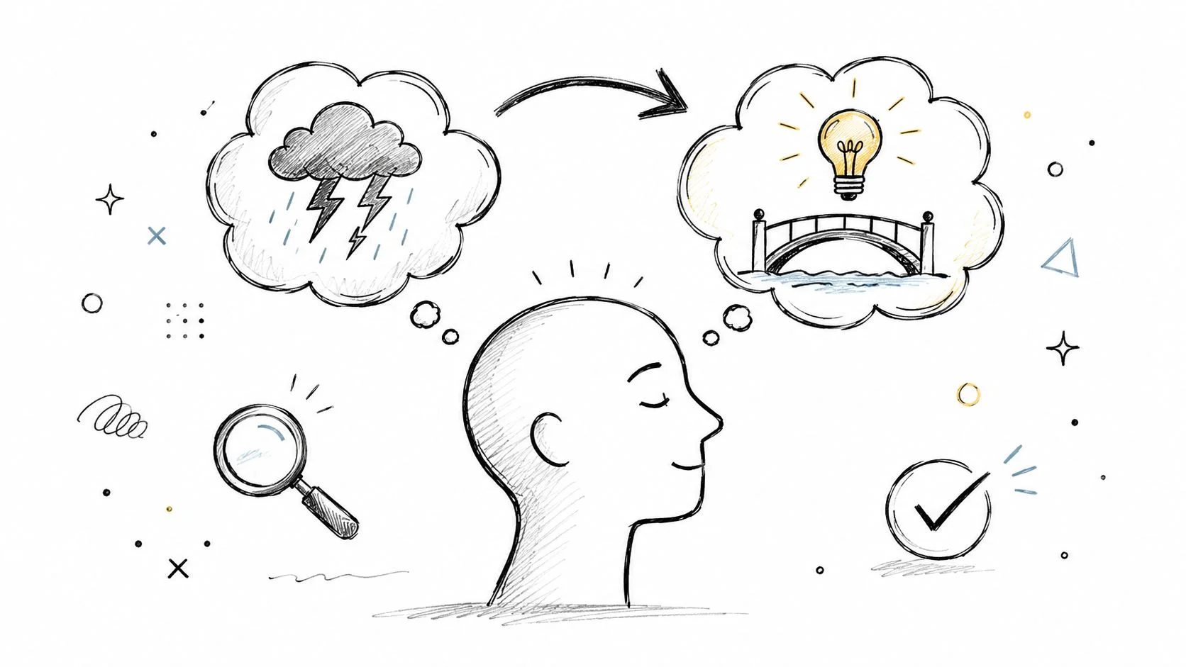 A person transitions from conflict to a bridge solution.