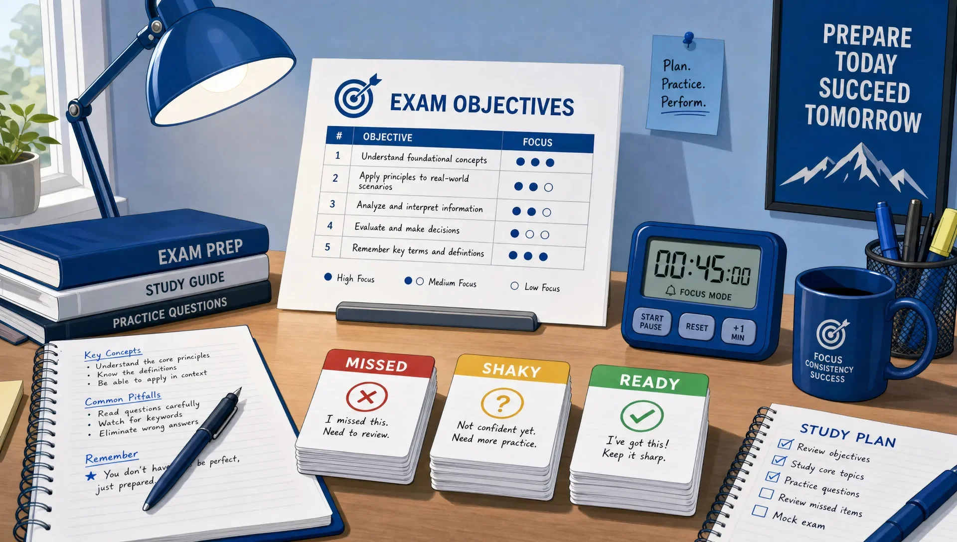 A study desk with an exam objectives sheet, a timer, notes, and flashcard stacks labeled missed, shaky, and ready.