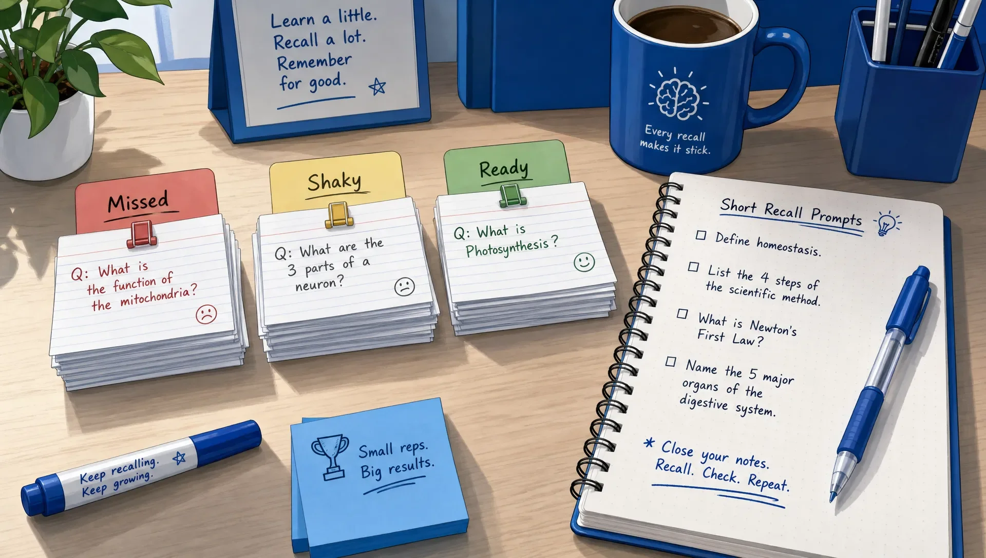 Handwritten flashcards are sorted into missed, shaky, and ready piles beside a notebook of short recall prompts.