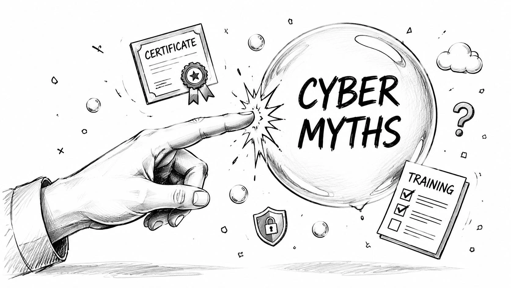Hand pointing at a bubble labeled 'Cyber Myths'.