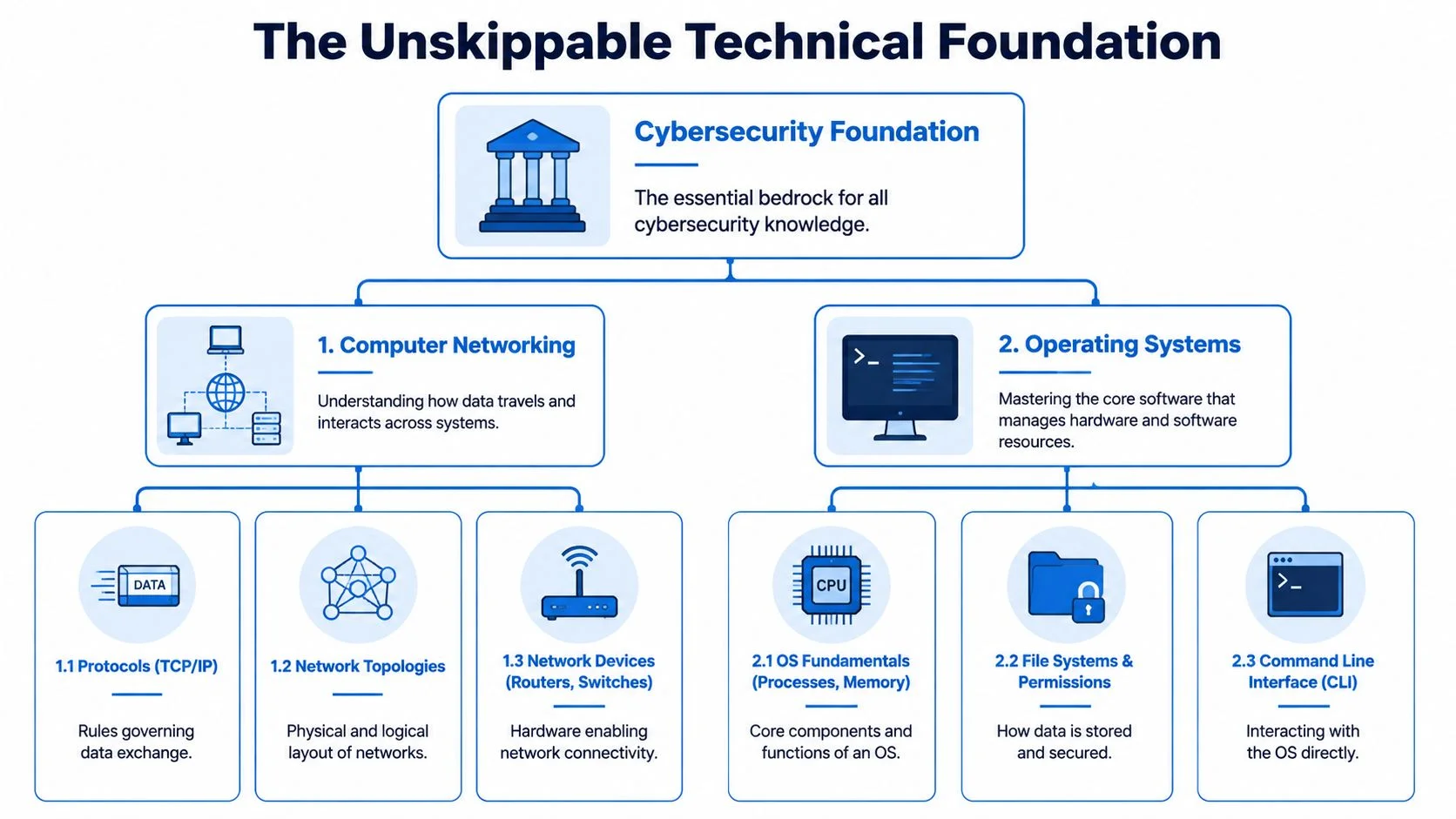 Diagram showing networking and operating systems as cybersecurity foundations.