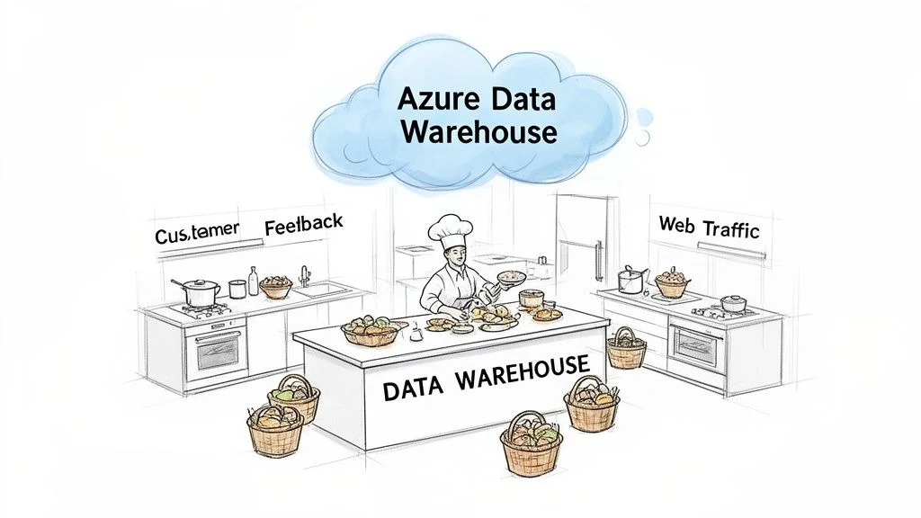 An illustration of a chef processing customer feedback and web traffic data in an Azure Data Warehouse.