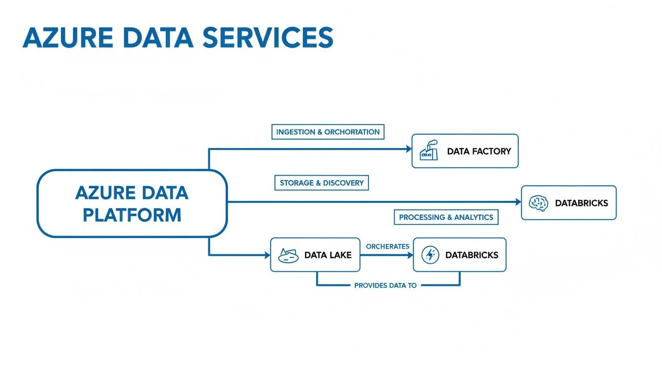 Diagram illustrating Azure Data Services architecture, showing data flow from Azure Data Platform to Data Factory, Databricks, and Data Lake.