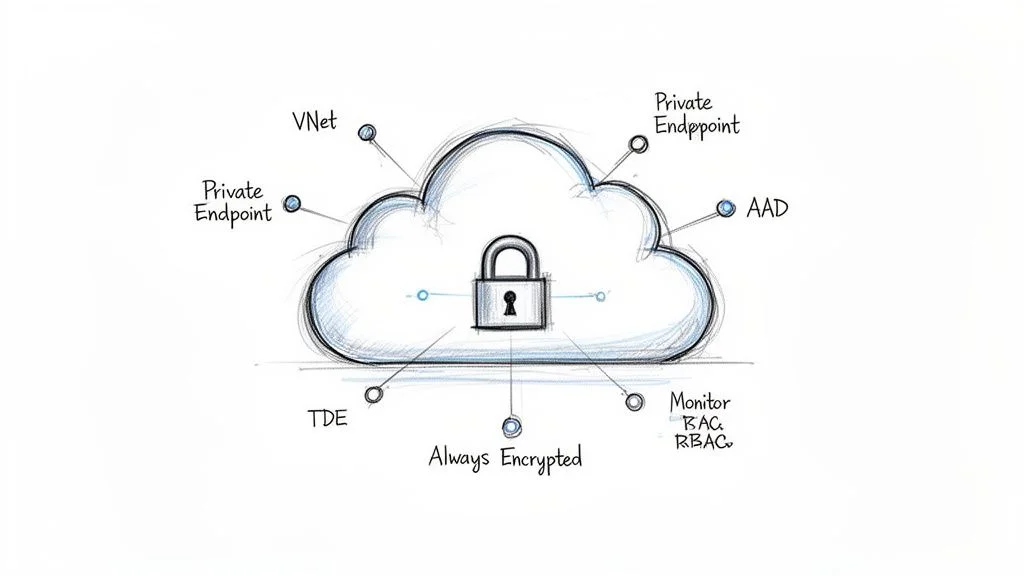 Diagram of a secure cloud with a padlock, showing security features like VNet, Private Endpoint, and encryption.