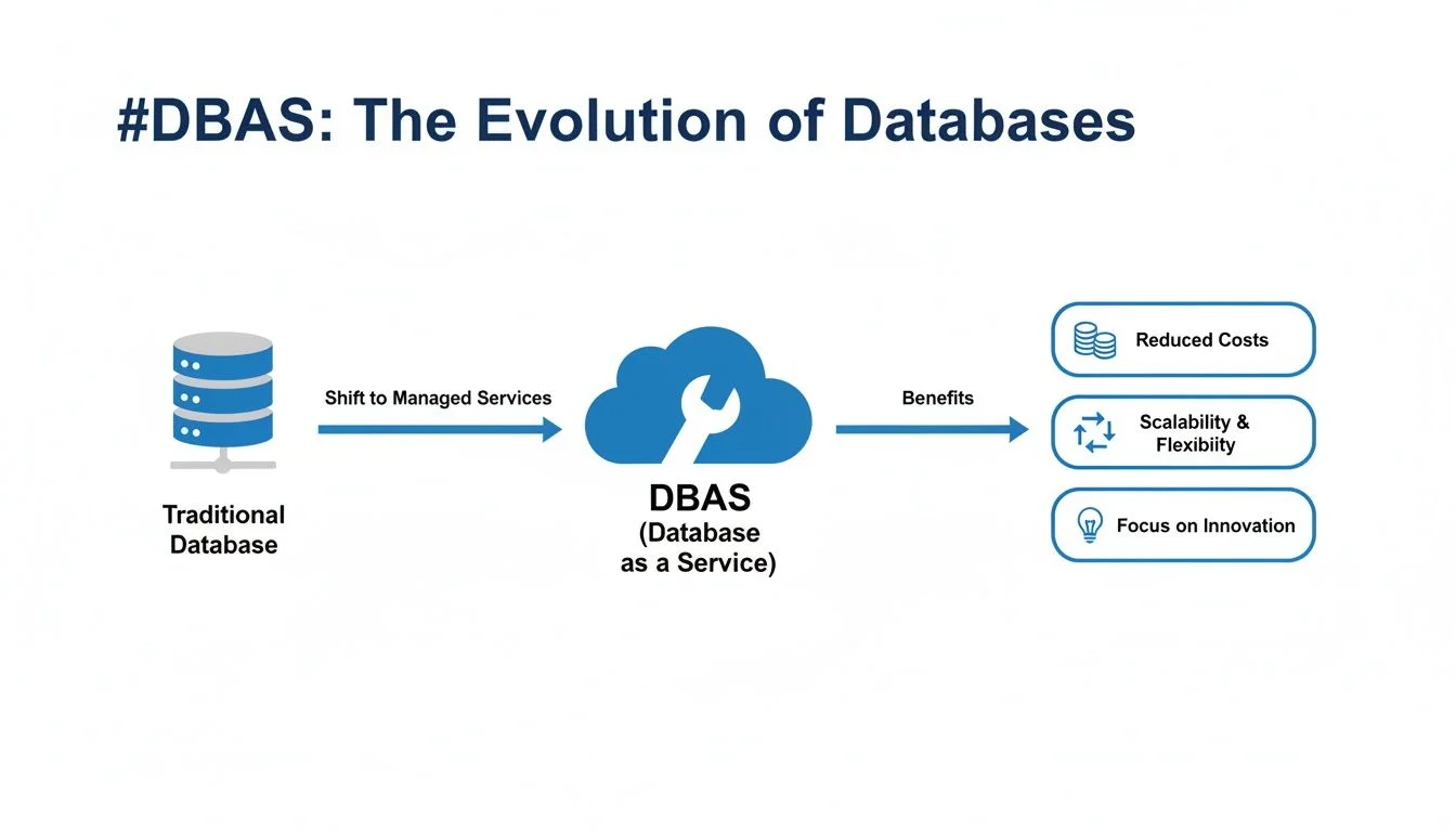 Diagram illustrating the evolution from traditional databases to DBAS, highlighting benefits like reduced costs, scalability, and innovation.