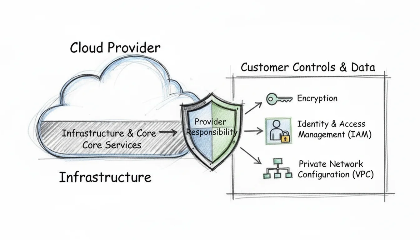 Diagram illustrating shared responsibility in cloud security, showing provider infrastructure and customer controls like encryption, IAM, and VPC.