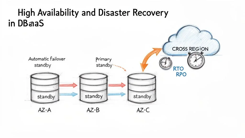 Diagram depicting DBaaS high availability and disaster recovery strategies using multi-AZ standbys and cross-region replication.