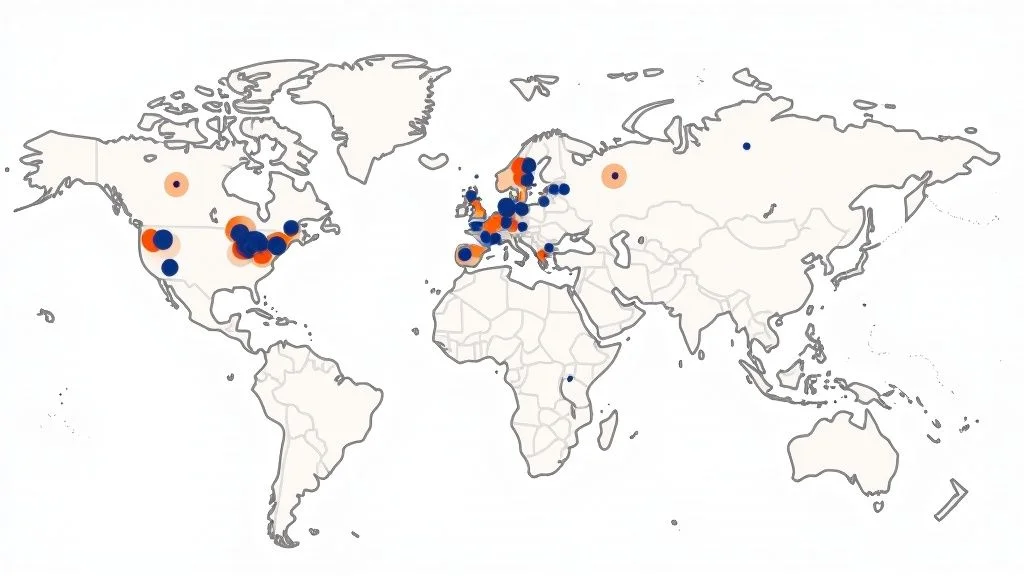 World map showing clusters of blue and orange data points across North America and Europe.